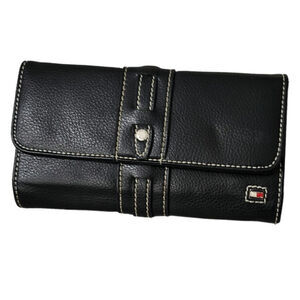 Tommy Hilfiger Black Leather Large Check Book WALLET Retro Trifold